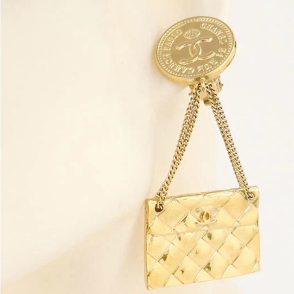 CHANEL CC Gold Quilted Handbag Drop Clip on Earrings - Picture 3 of 6
